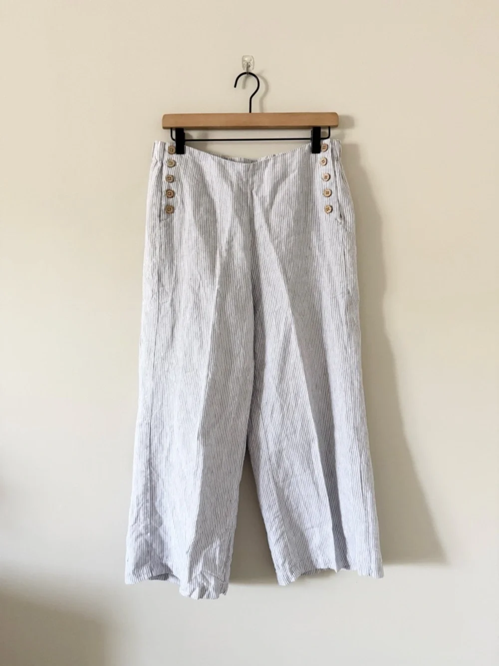 J. Jill Love Linen Cropped Pant with Side Button Detail in Blue & White Stripe S - Picture 2 of 6